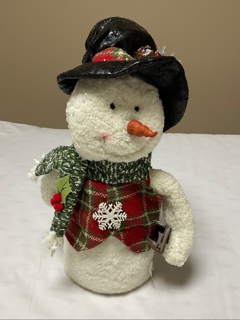 17” Plush Snowman Holiday Figure with Black Hat and Red Plaid Vest.